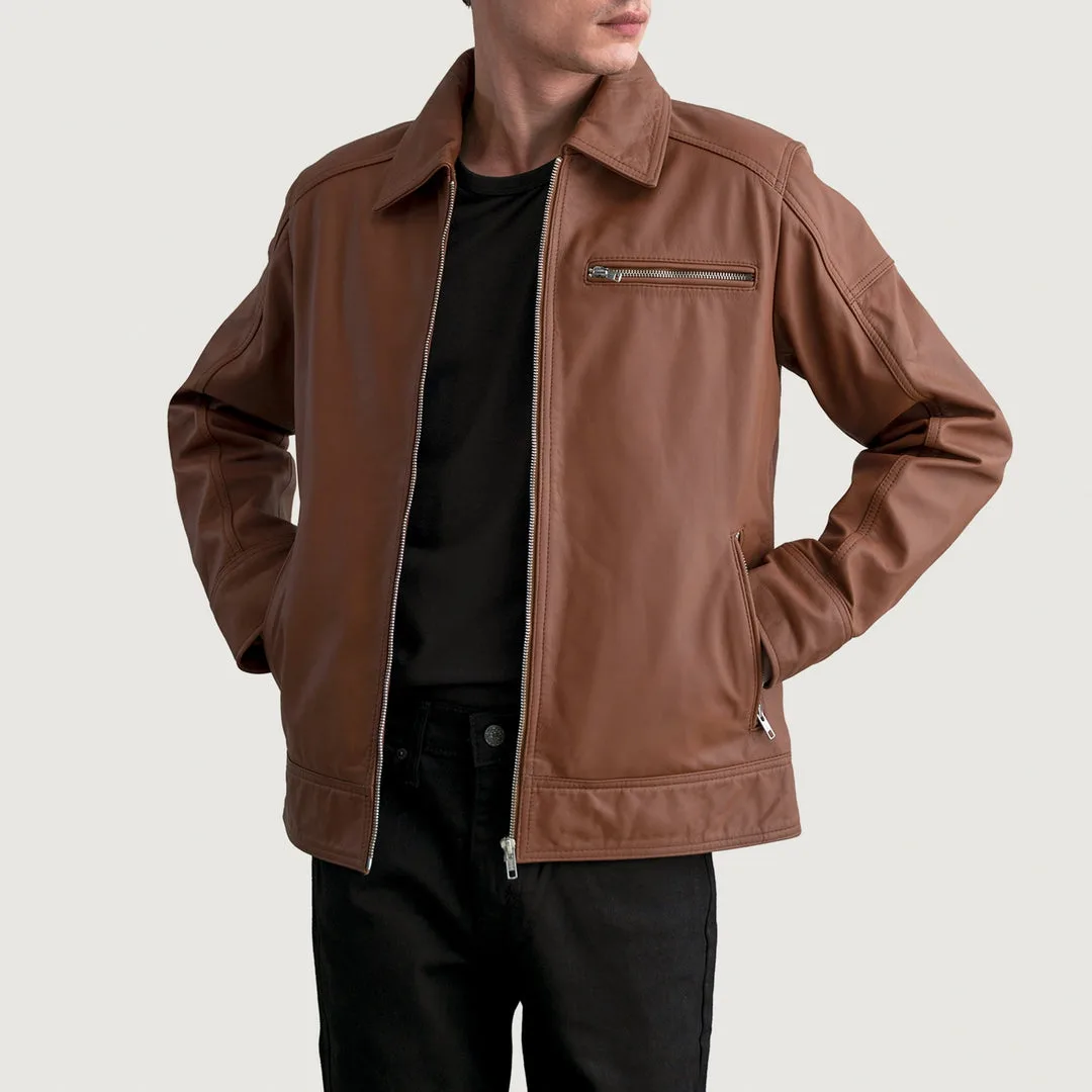 Lavendard Brown Leather Biker Jacket - Image 6